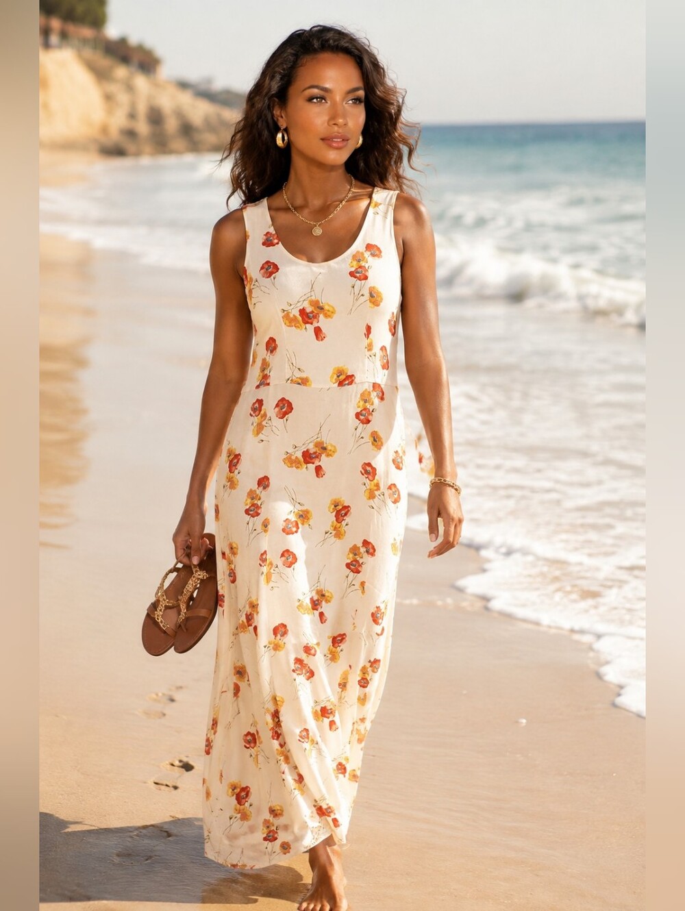 Eddie Bauer Vintage 1990s Cream Poppy Floral Maxi Dress. Size 4